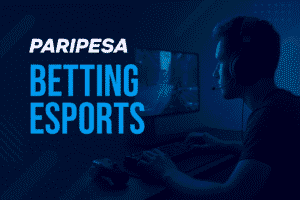 A promotional banner for PariPesa eSports betting featuring a futuristic gaming theme in blue tones, with visual elements such as a gaming controller, digital interface, and esports icons.